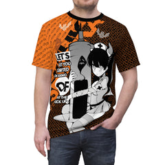 Shizuka B&W Kawaii Creepy Anime Nurse - Halloween Edition Unisex AOP Cut & Sew T-shirt