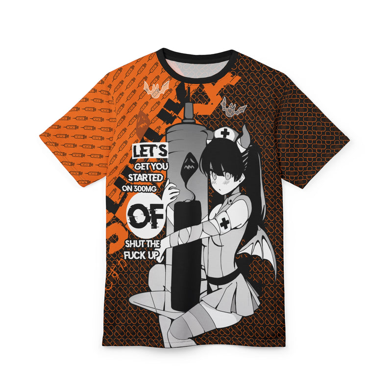 Shizuka B&W Kawaii Creepy Anime Nurse - Halloween Edition Unisex AOP Cut & Sew T-shirt